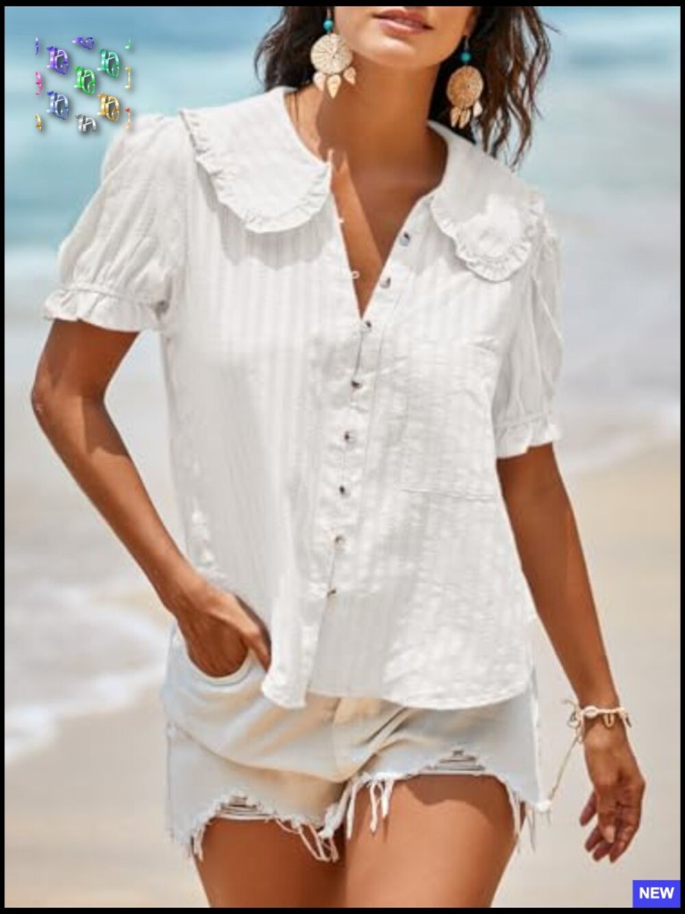 Puff Sleeve Peter Pan Collar Button Down Blouse Casual Textured Cotton Top - Picture 4 of 7
